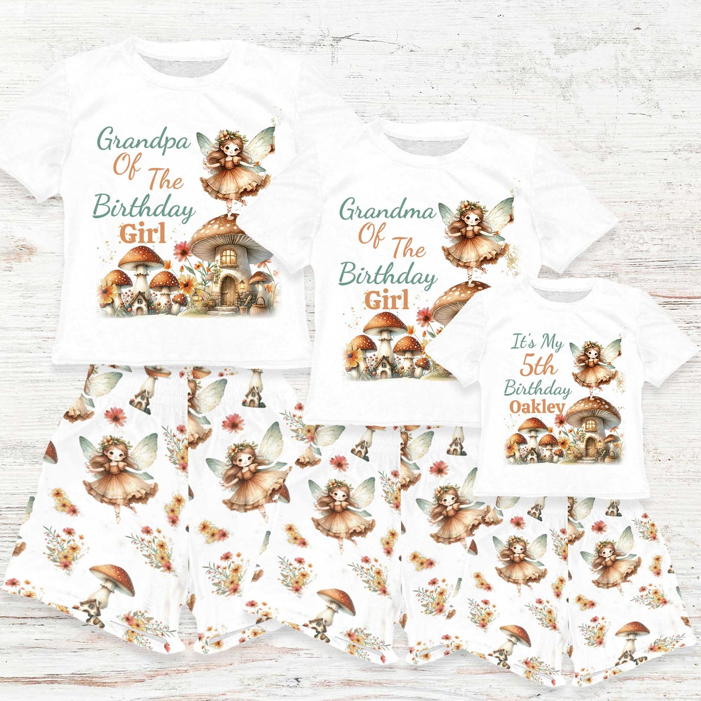 Personalised Fairy Mushroom Matching Birthday Shirt and Short Sets