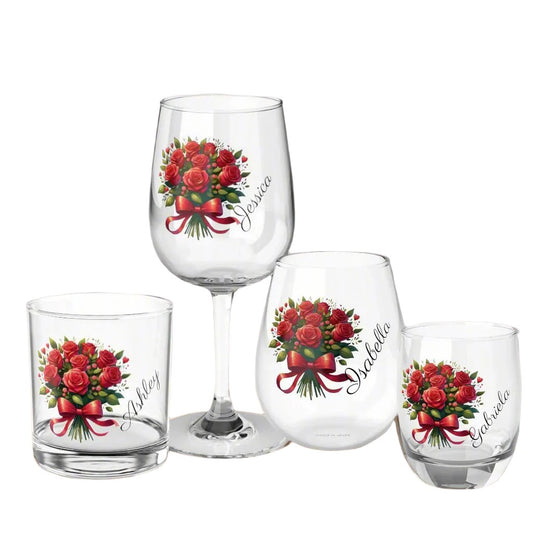 Personalised Floral Bouquet Wine Glass, Stemless Wine Glass, Whiskey Glass, Rocks Glass