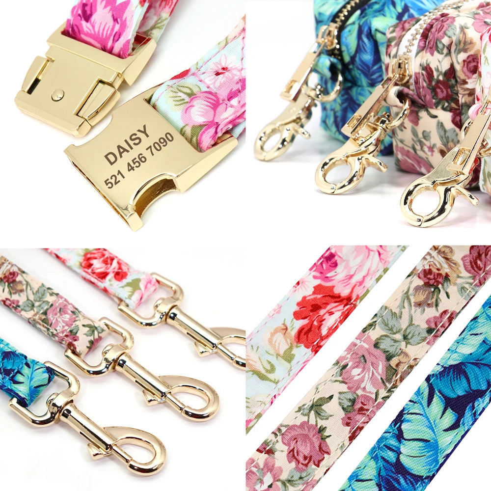 Personalized Dog Collar Leash With Bag Nylon Printed Pet ID Collars Lead Rope Portable Dogs Travel Bag for Snack Whistle Key