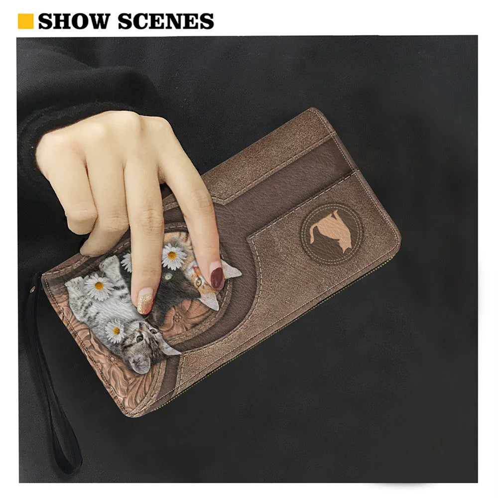 Personalized Cat Lovers Wristband Wallets Cute Cats Pattern Women PU Leather Clutch Wallet Female Long Card Purse Custom Name