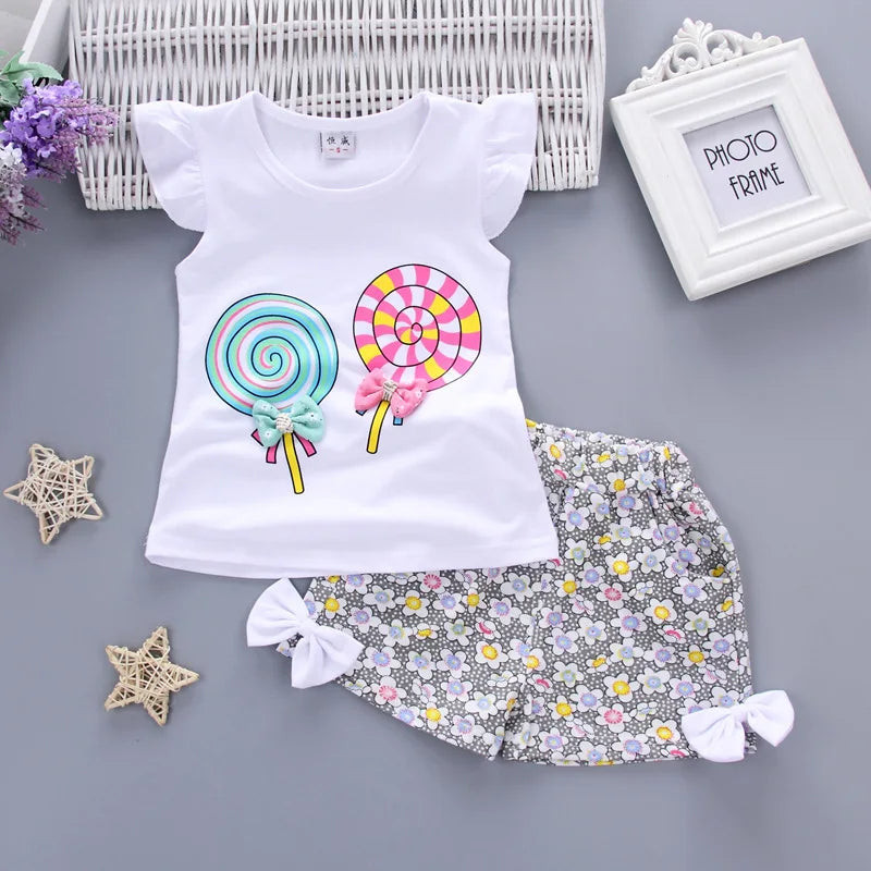 Summer Baby Clothes Sets Lollipop Print Sleeveless T-shirts and Shorts 2pcs Newborn Infant Girls Clothing Suits Outfits