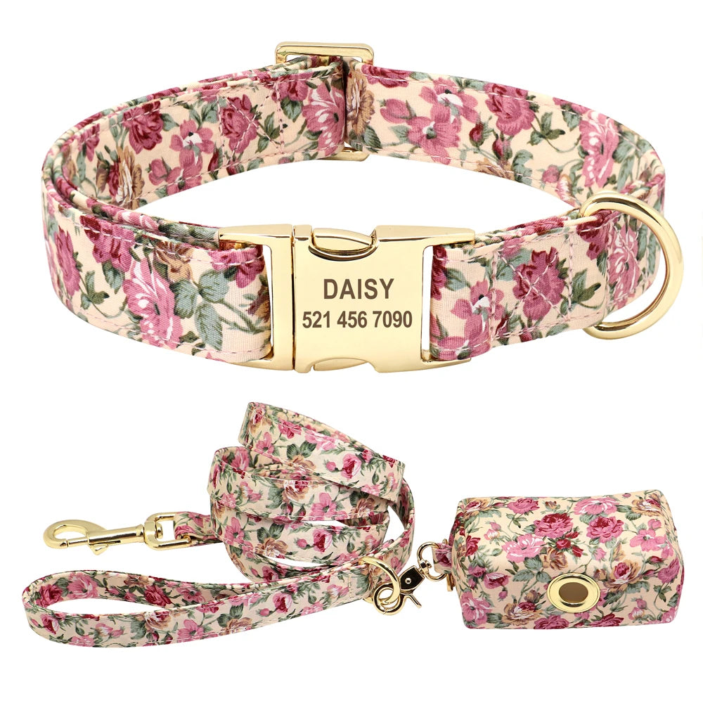 Personalized Dog Collar Leash With Bag Nylon Printed Pet ID Collars Lead Rope Portable Dogs Travel Bag for Snack Whistle Key