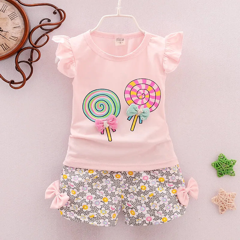 Summer Baby Clothes Sets Lollipop Print Sleeveless T-shirts and Shorts 2pcs Newborn Infant Girls Clothing Suits Outfits