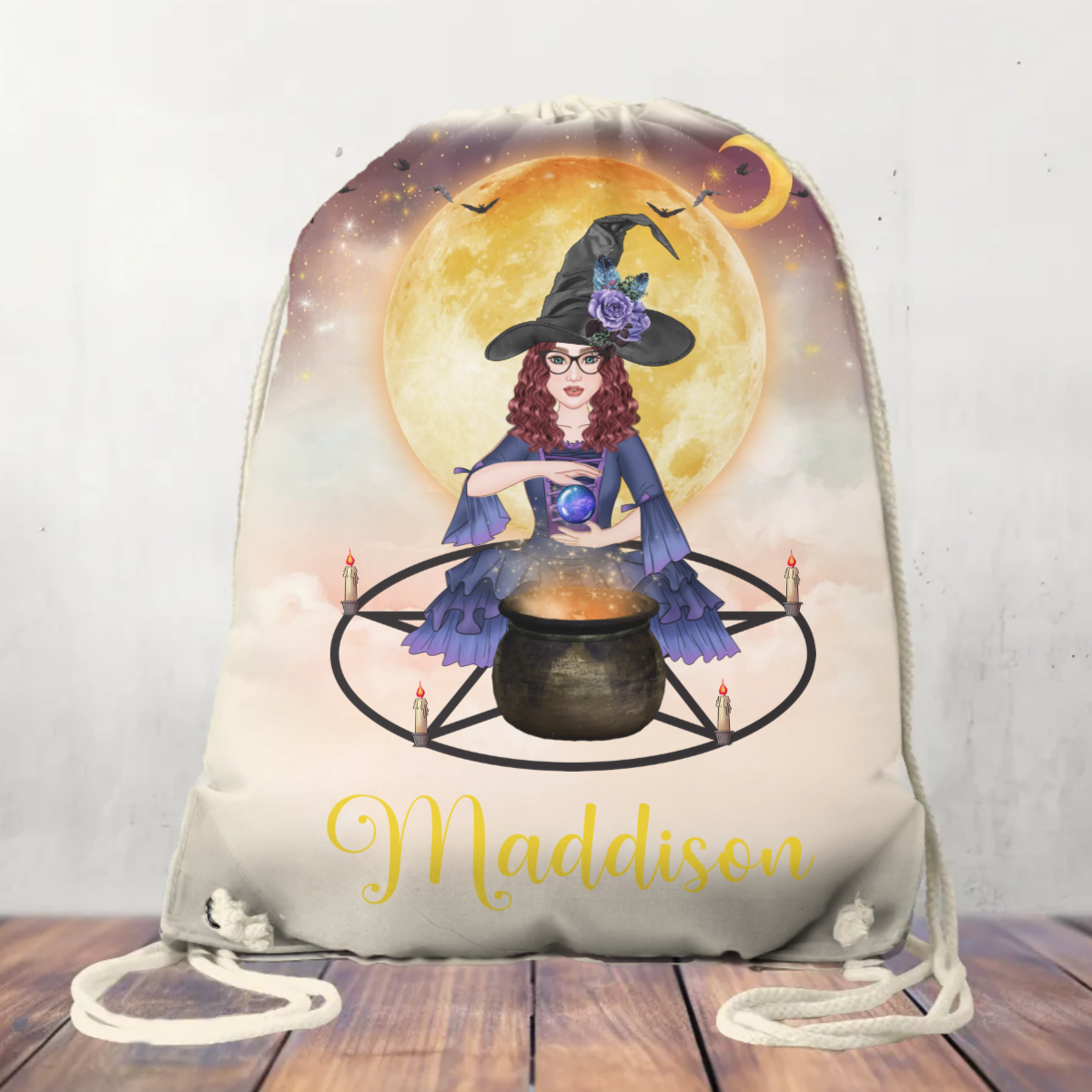 Canvas Drawstring Bag Personalised Halloween Witch