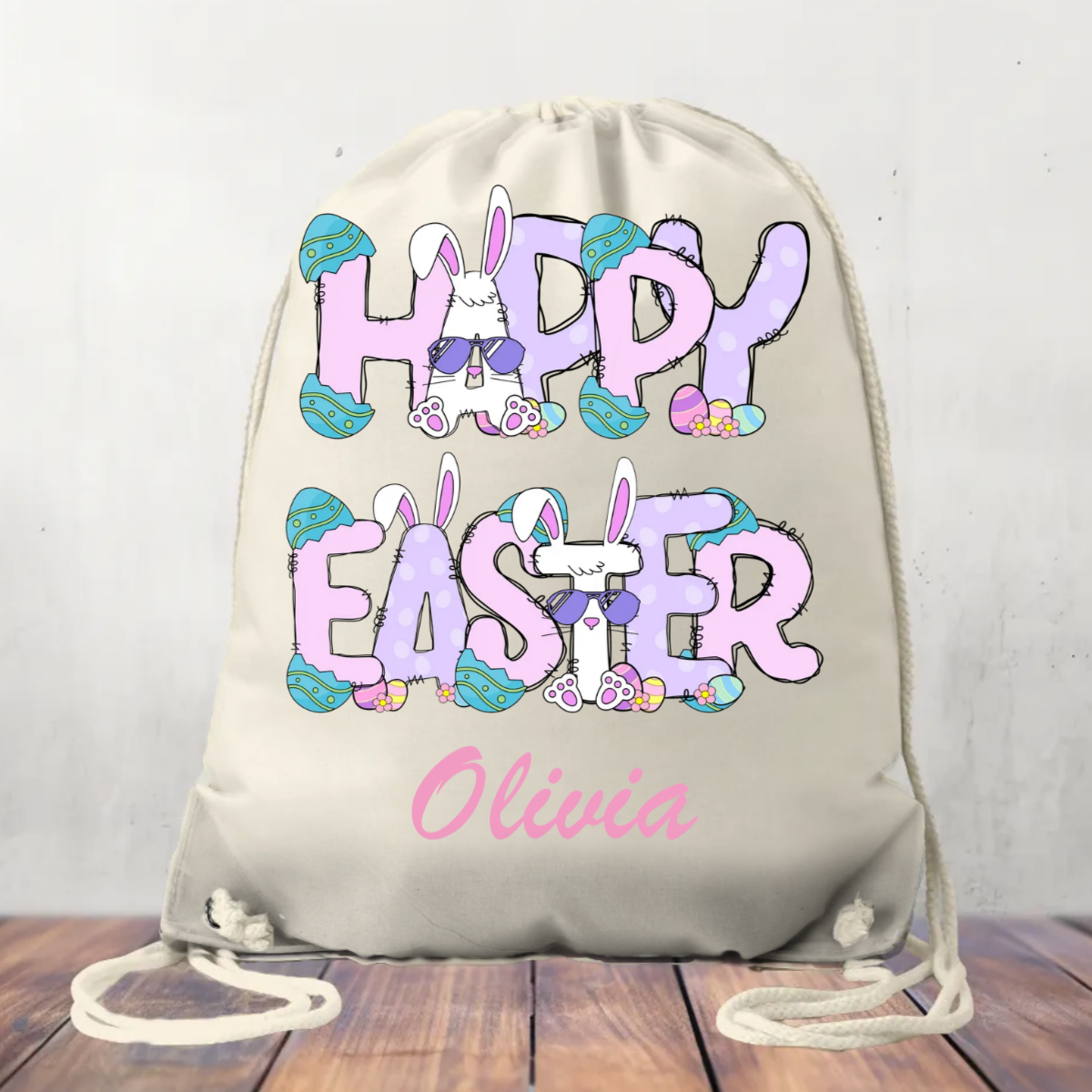 Canvas Drawstring Bag Personalised Happy Easter