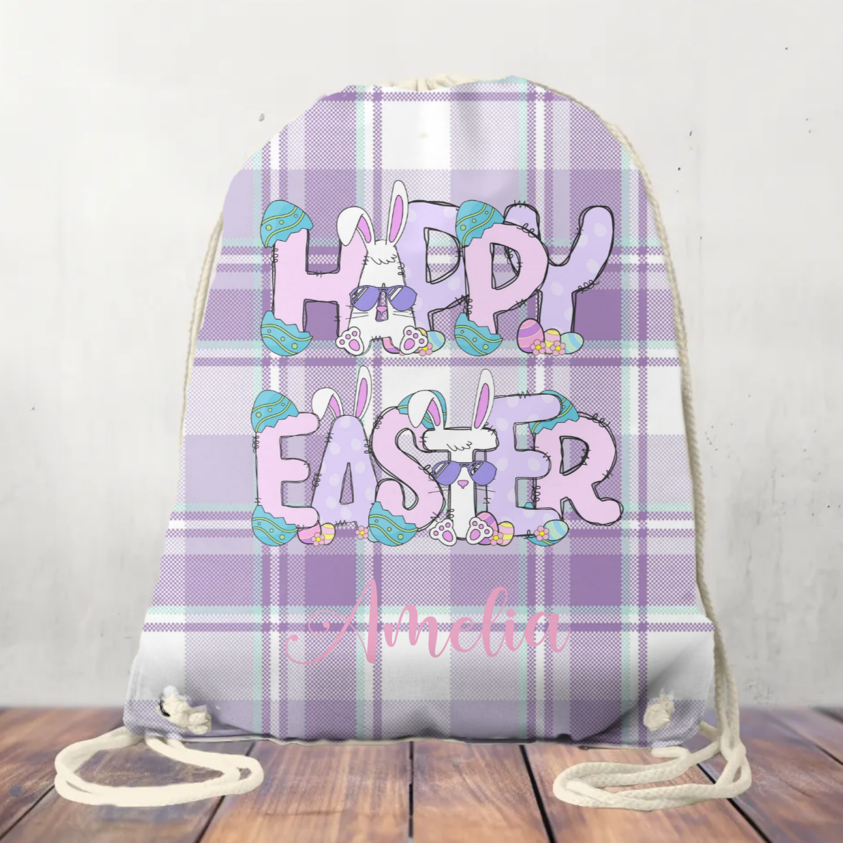 Canvas Drawstring Bag Personalised Happy Easter