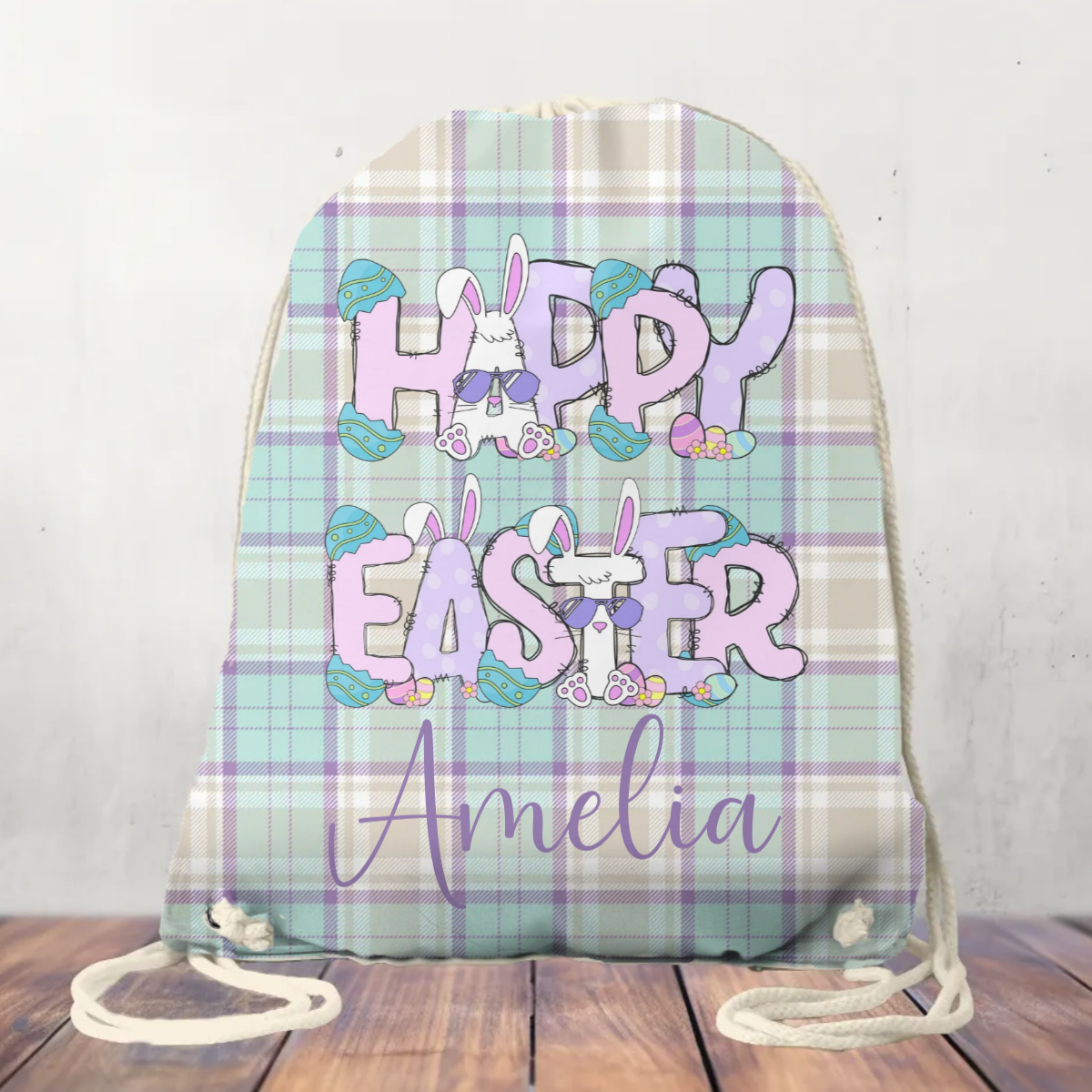 Canvas Drawstring Bag Personalised Happy Easter