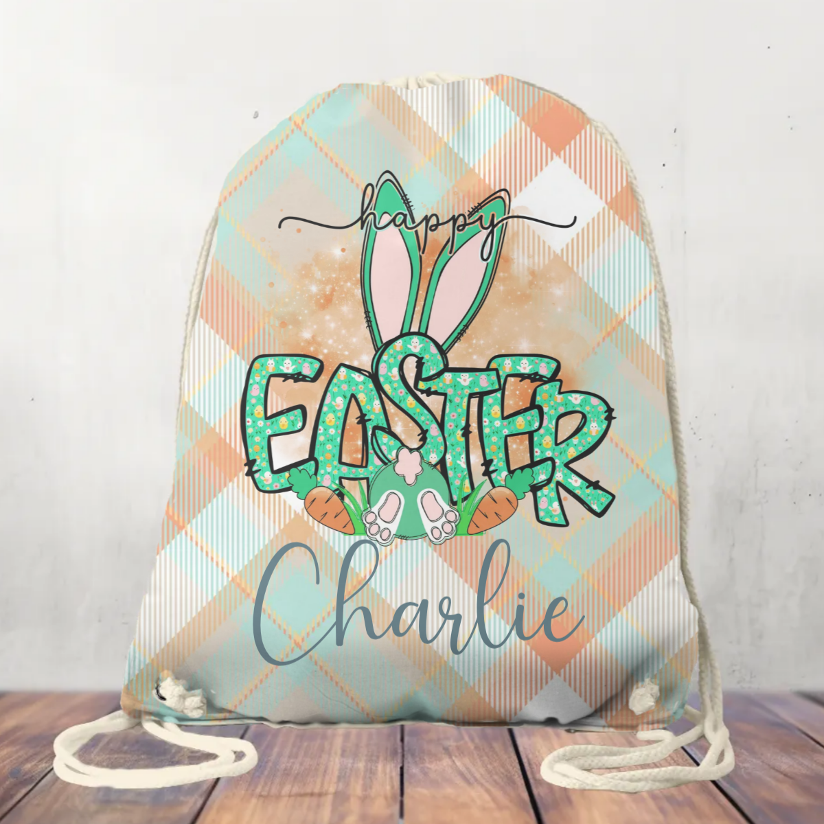 Canvas Drawstring Bag Personalised Happy Easter