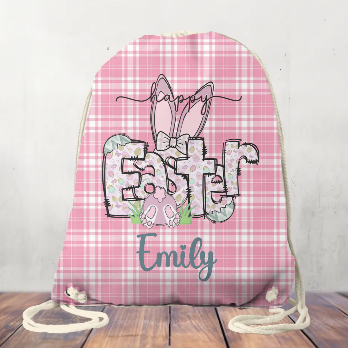 Canvas Drawstring Bag Personalised Happy Easter