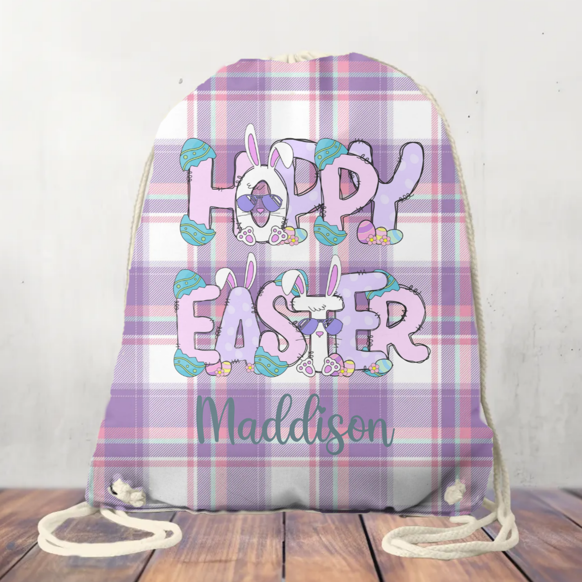 Canvas Drawstring Bag Personalised Happy Easter