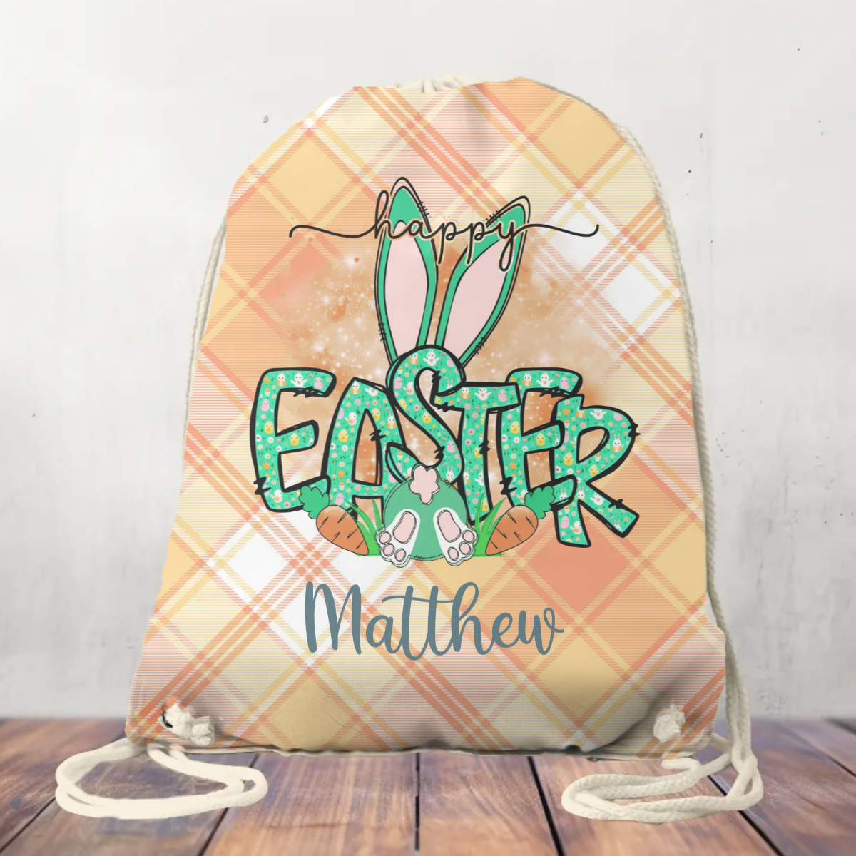 Canvas Drawstring Bag Personalised Happy Easter