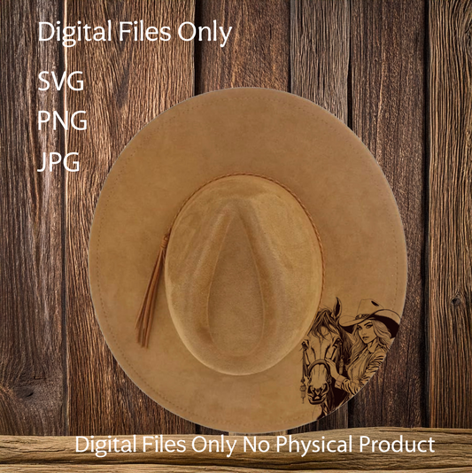 Hat Laser Burning Designs – Digital Download (SVG, PNG, JPG 300dpi), Girl and Horse, 2042