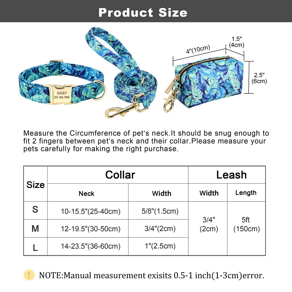 Personalized Dog Collar Leash With Bag Nylon Printed Pet ID Collars Lead Rope Portable Dogs Travel Bag for Snack Whistle Key