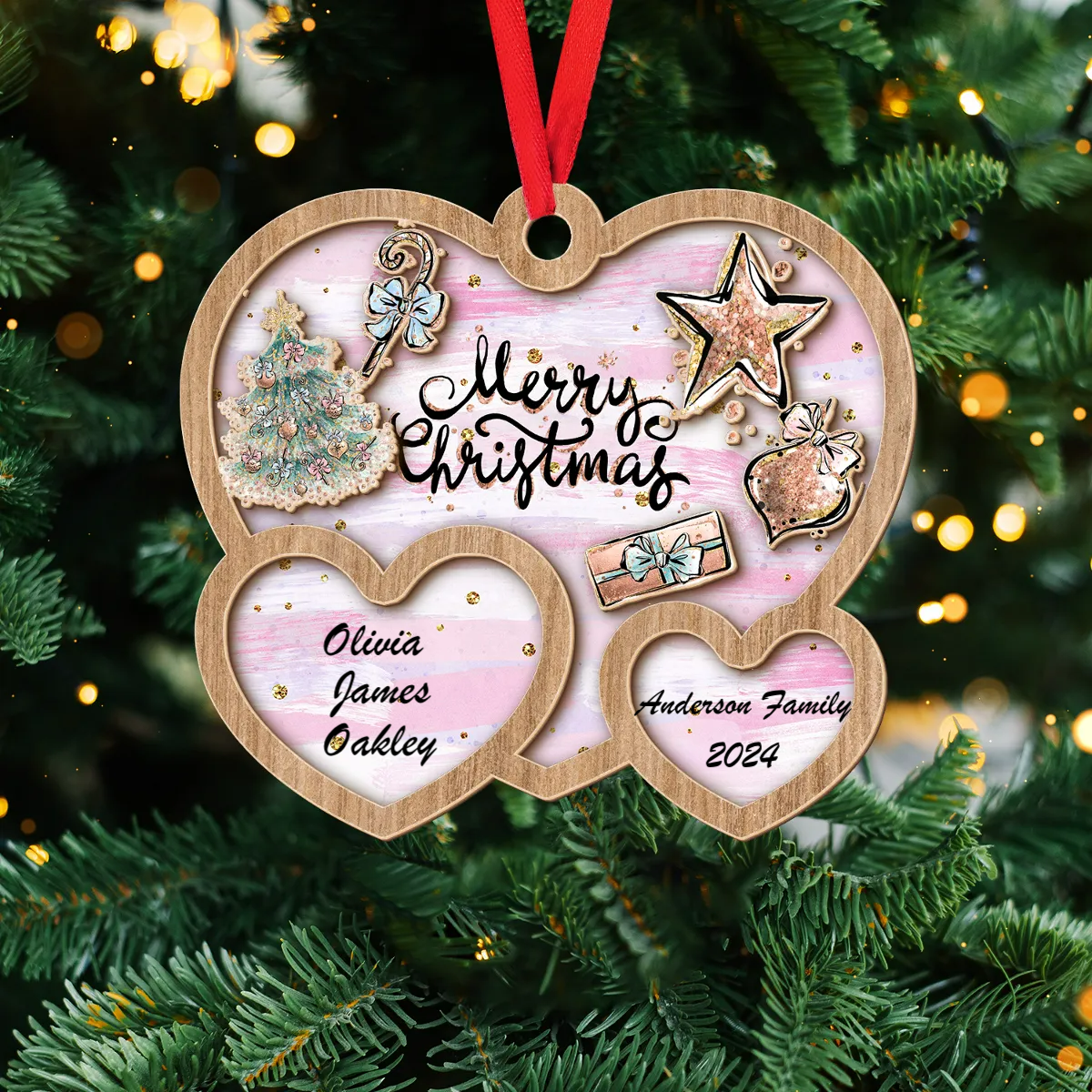 Heart Layered Wooden Pink Christmas Ornament