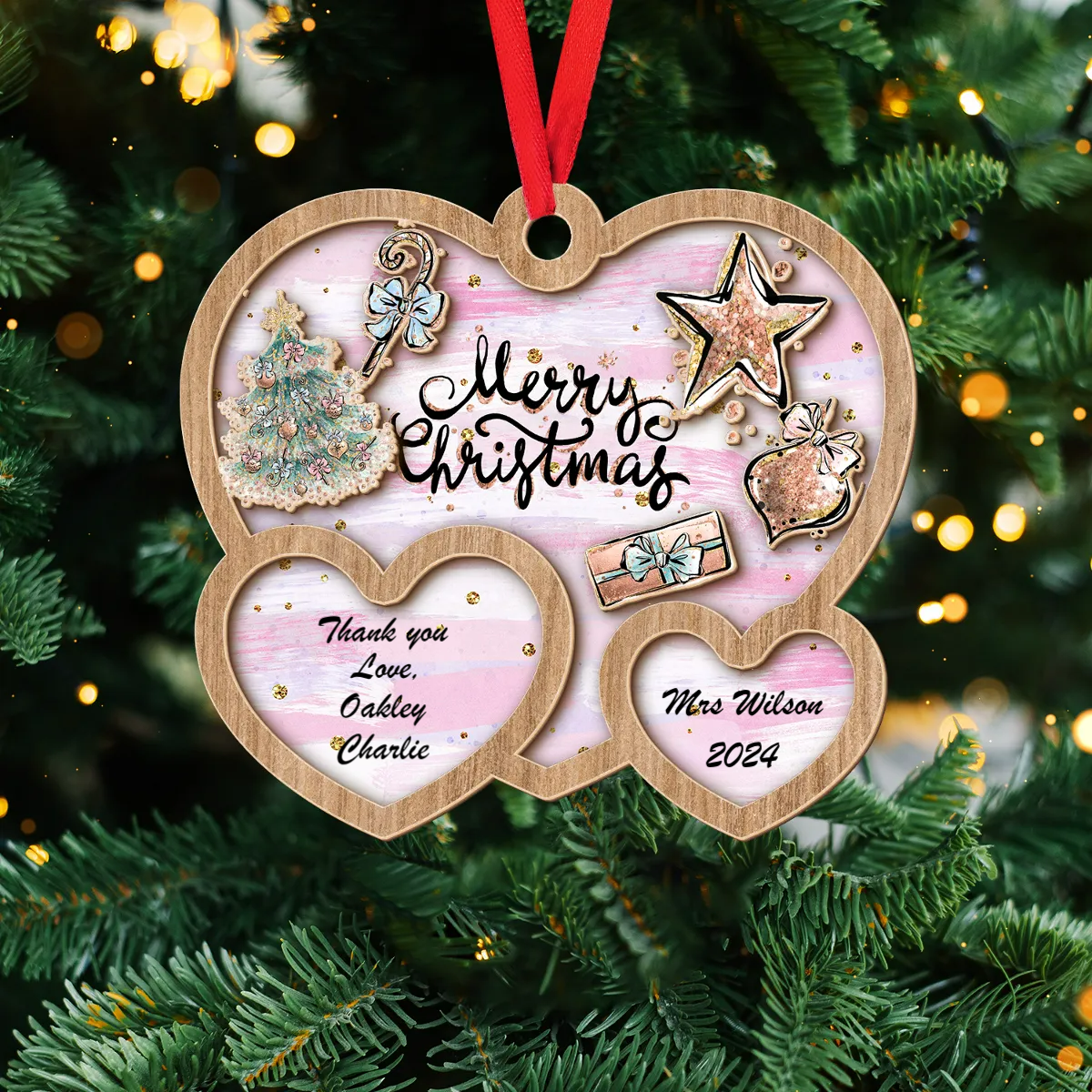 Heart Layered Wooden Pink Christmas Ornament