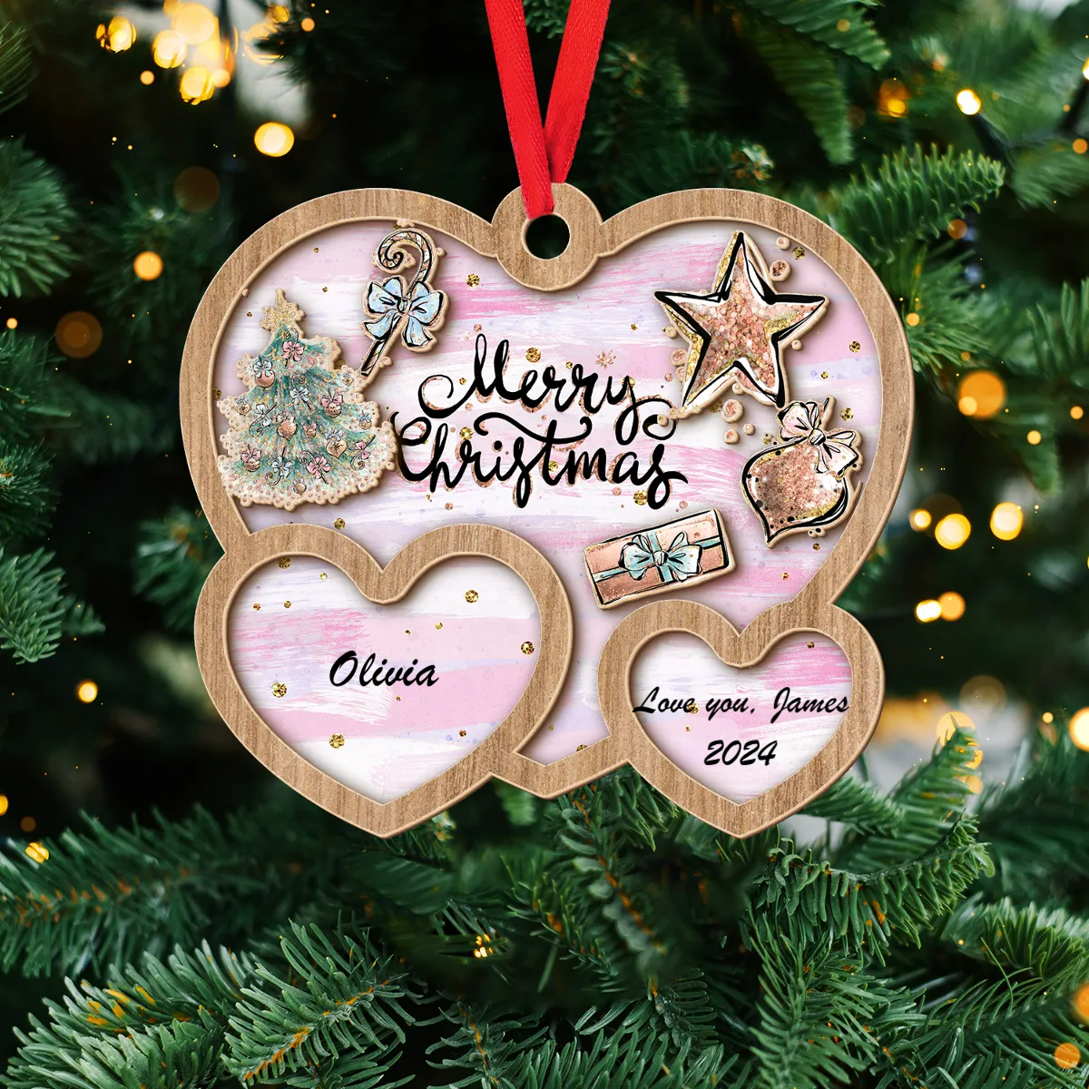 Heart Layered Wooden Pink Christmas Ornament