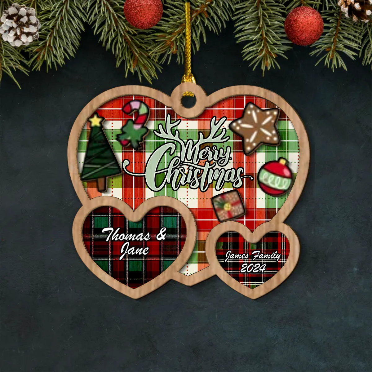 Tartan Heart Layered Wood Ornament