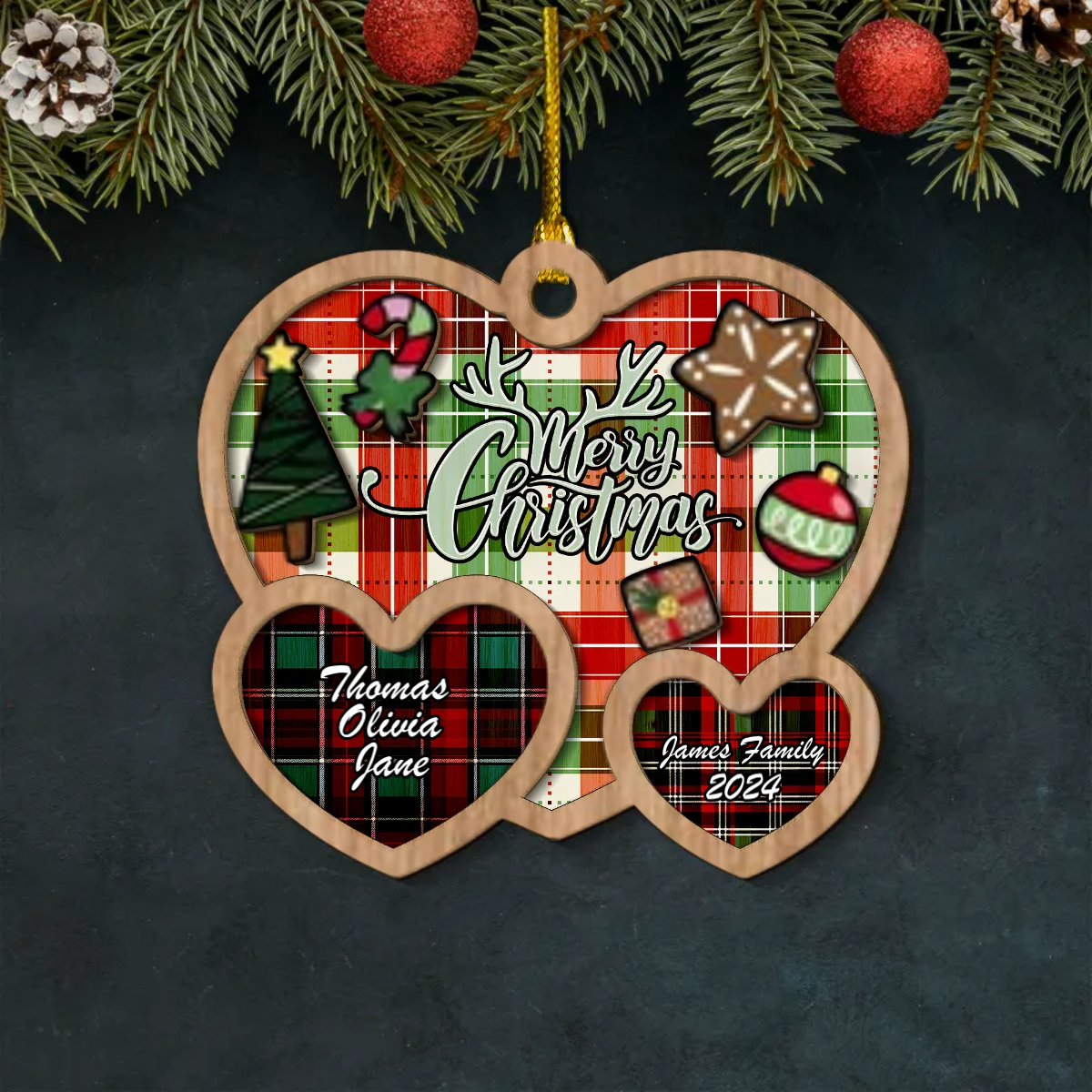 Tartan Heart Layered Wood Ornament