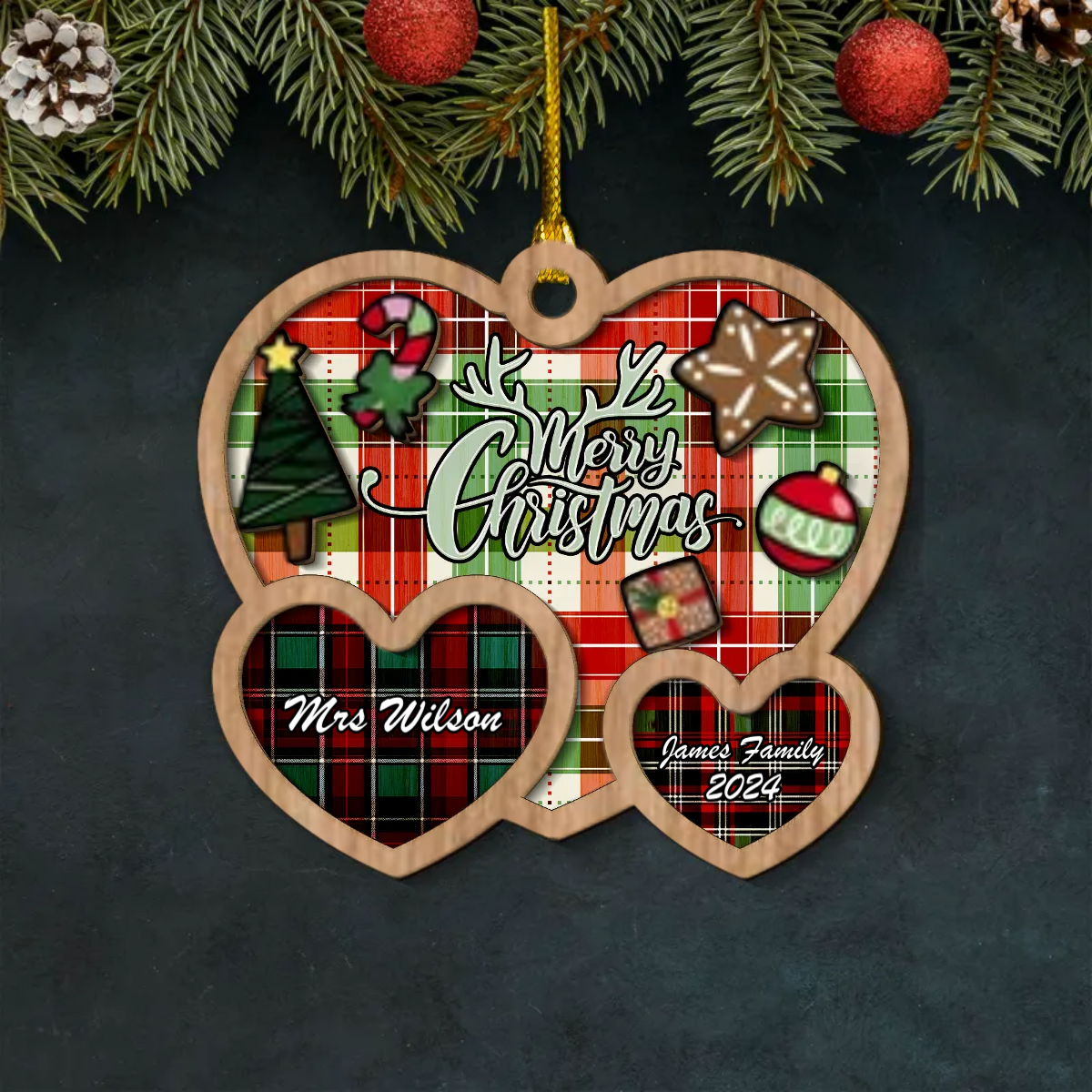 Tartan Heart Layered Wood Ornament