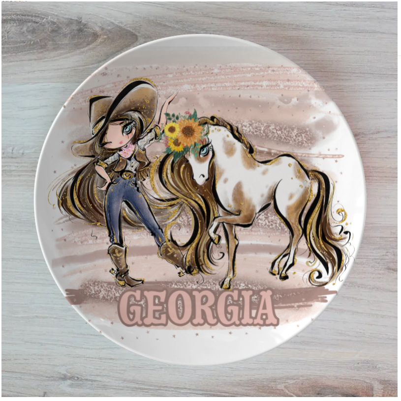 Howdy Cowgirl and Horse Personalised Plate