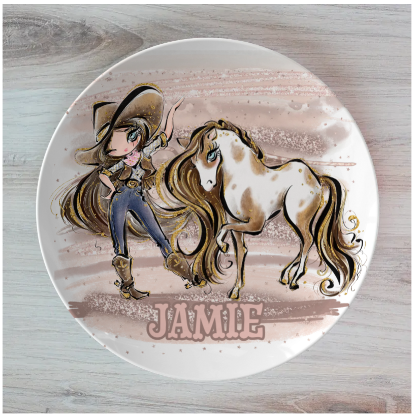 Howdy Cowgirl and Horse Personalised Plate