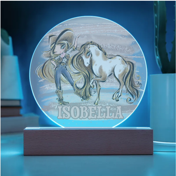 Personalised Round Acrylic Howdy Cowgirl and Horse, Wooden base or Night Light