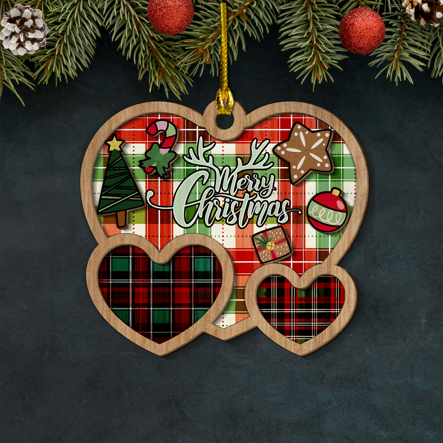 Tartan Heart Layered Wood Ornament