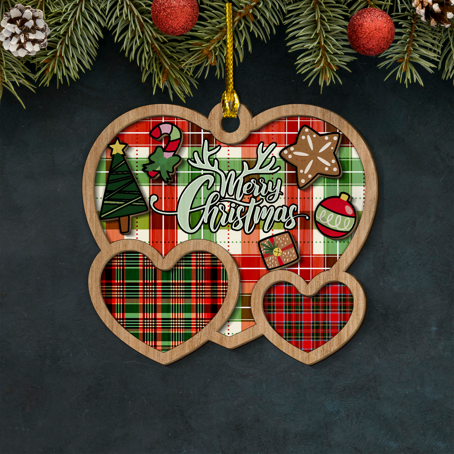 Tartan Heart Layered Wood Ornament