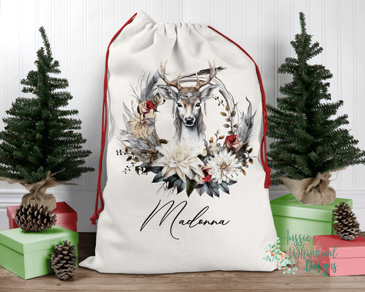 Boho Reindeer Personalised Santa Sack, Linen Bag