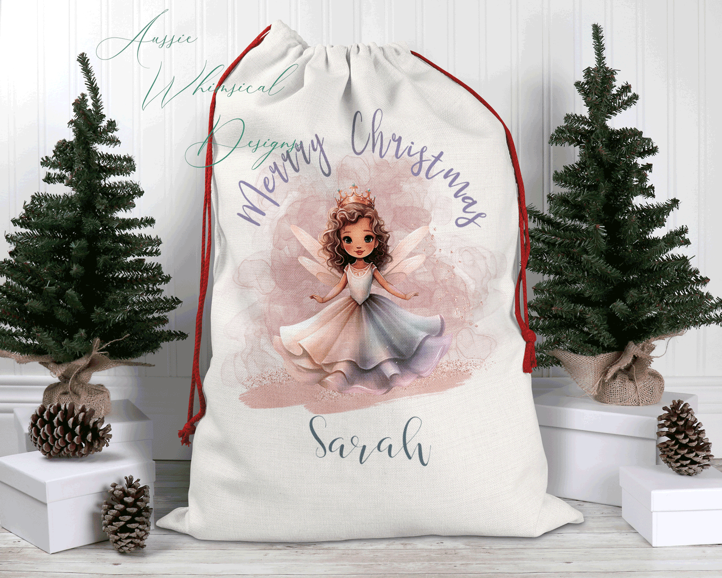 Personalised Santa Sack, Linen Bag, Fairy Christmas