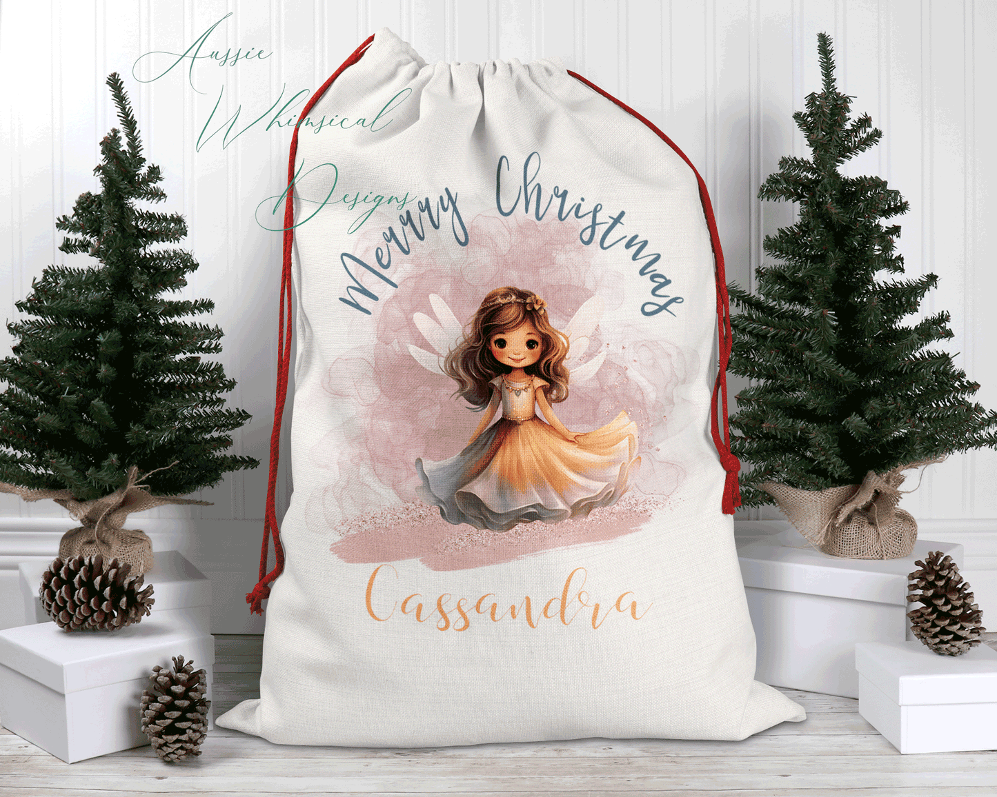 Personalised Santa Sack, Linen Bag, Fairy Christmas