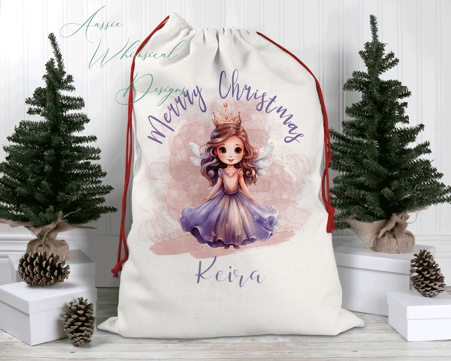 Personalised Santa Sack, Linen Bag, Fairy Christmas