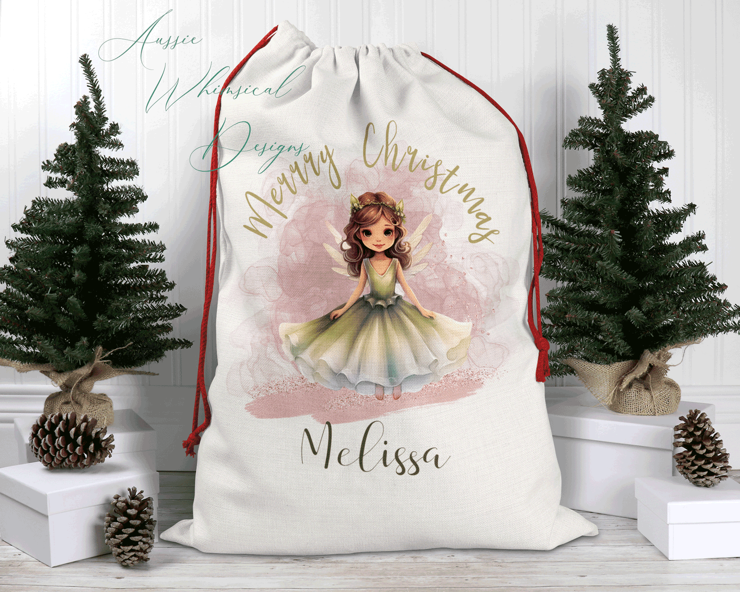 Personalised Santa Sack, Linen Bag, Fairy Christmas