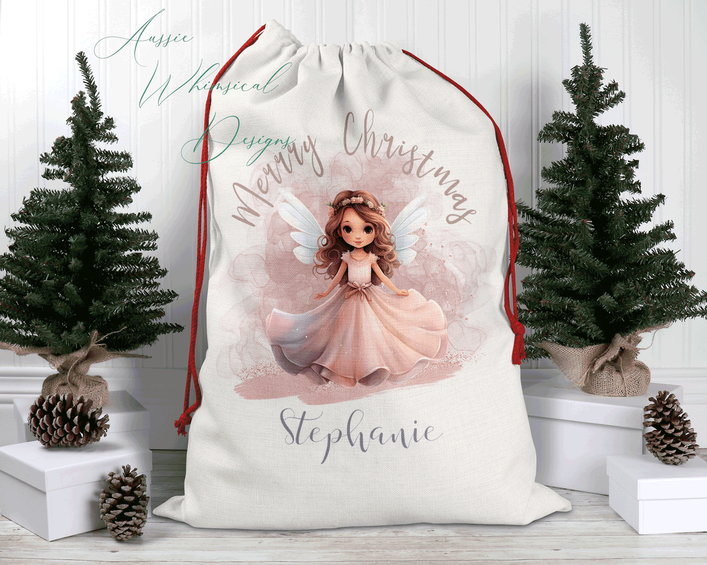 Personalised Santa Sack, Linen Bag, Fairy Christmas