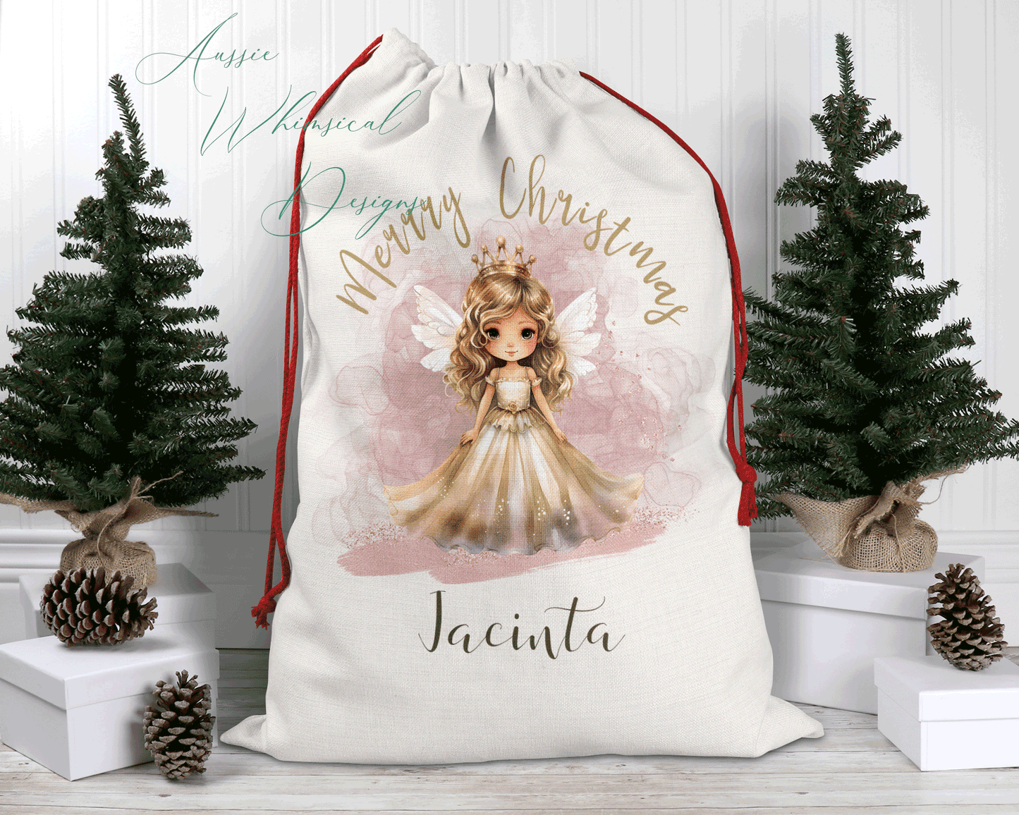 Personalised Santa Sack, Linen Bag, Fairy Christmas