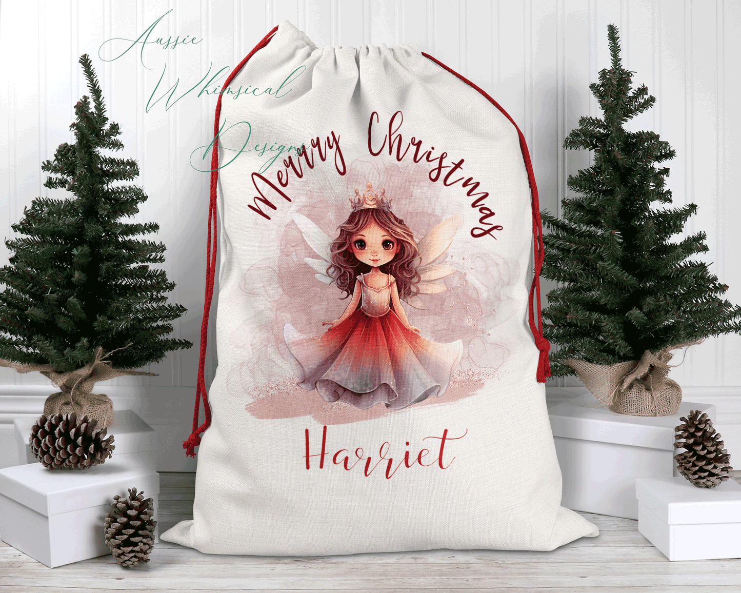 Personalised Santa Sack, Linen Bag, Fairy Christmas