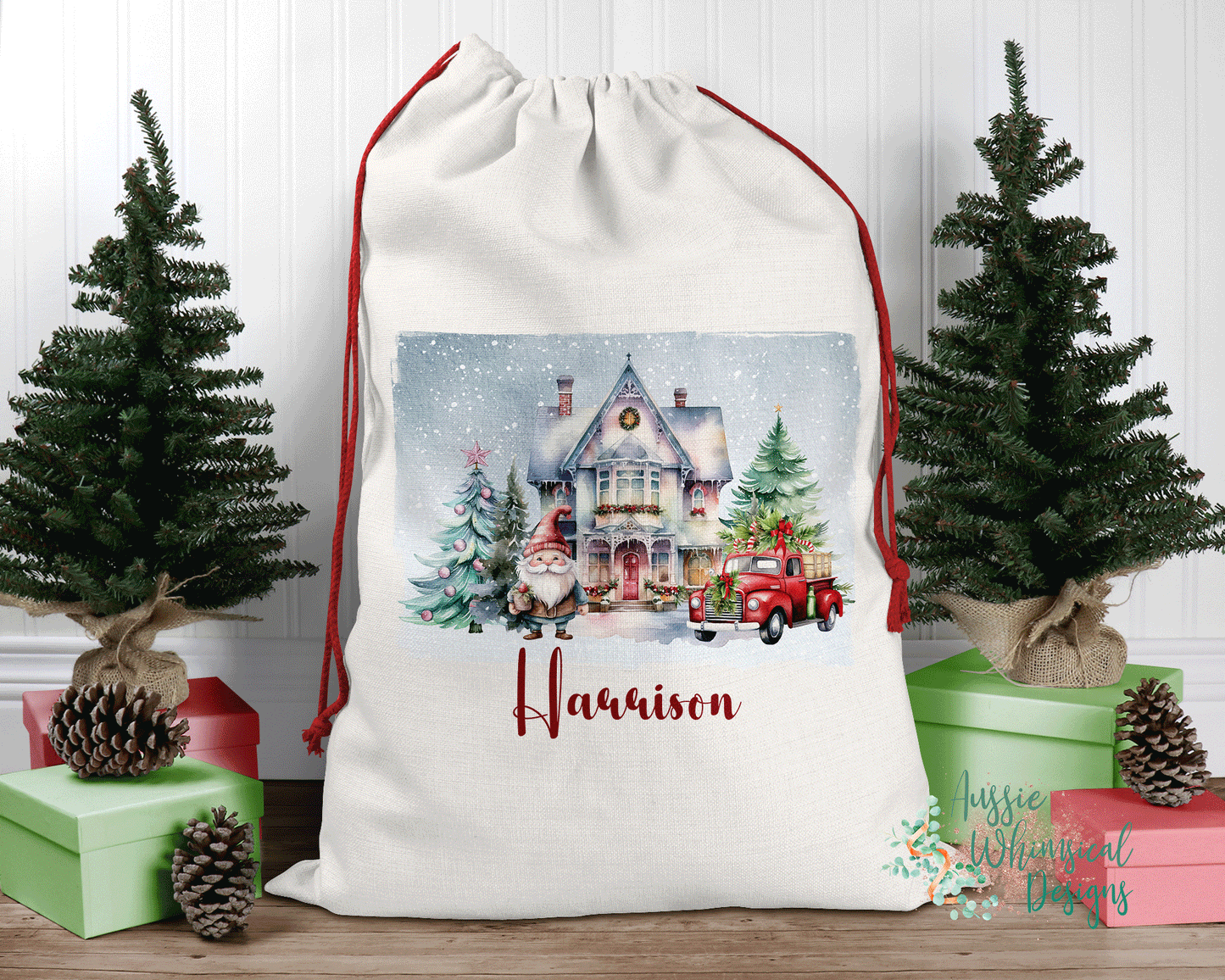 Santa House, Truck Personalised Santa Sack, Linen Bag