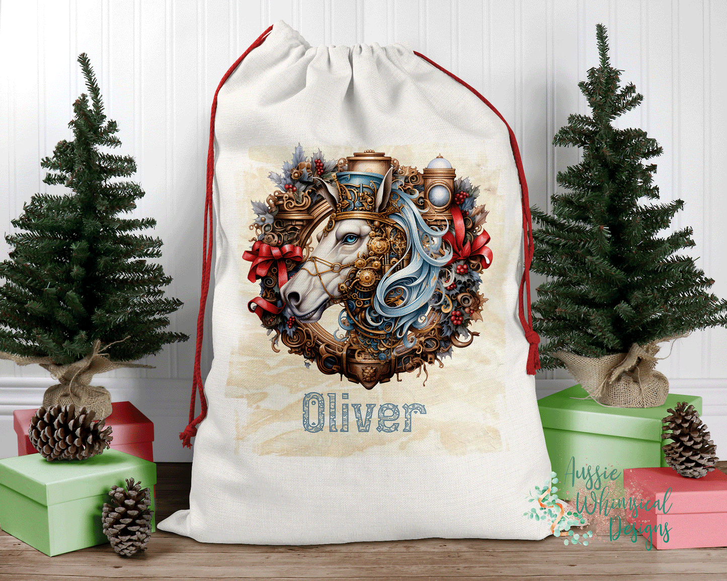 Steampunk Personalised Santa Sack, Linen Bag