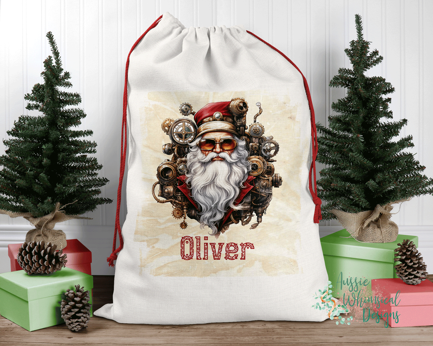 Steampunk Personalised Santa Sack, Linen Bag