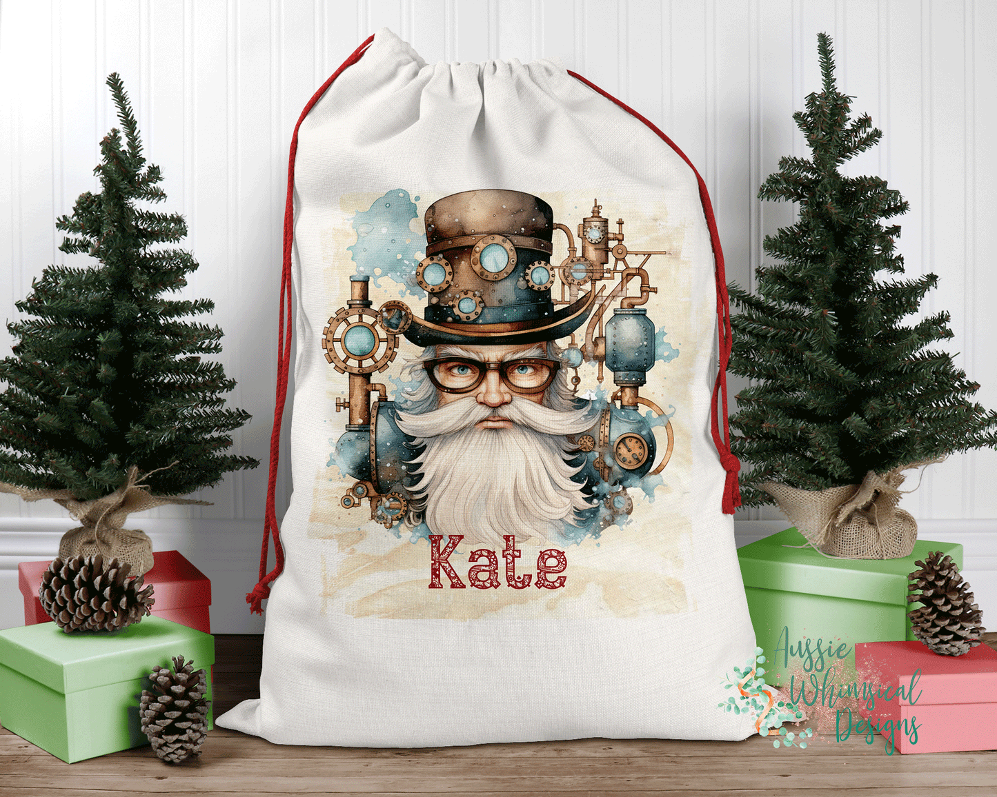 Steampunk Personalised Santa Sack, Blue Santa Linen Bag