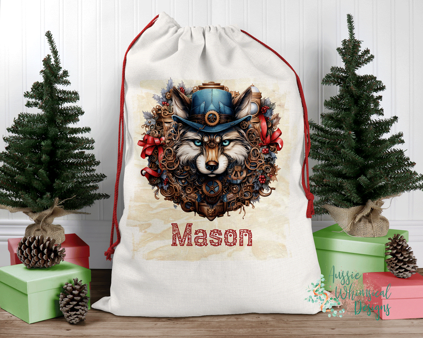 Steampunk Personalised Santa Sack, Linen Bag