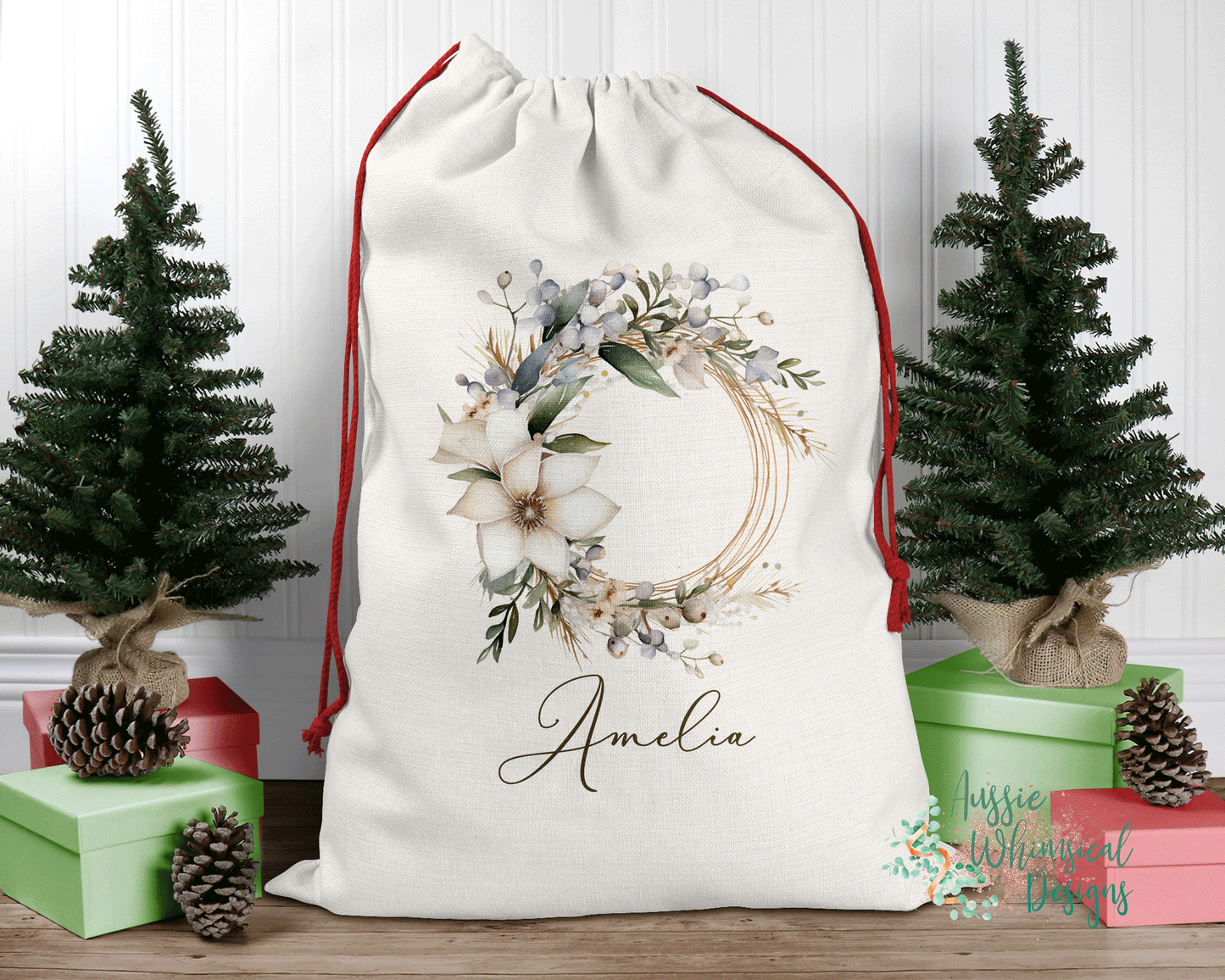 Personalised Wreath Santa Sack, Linen Bag