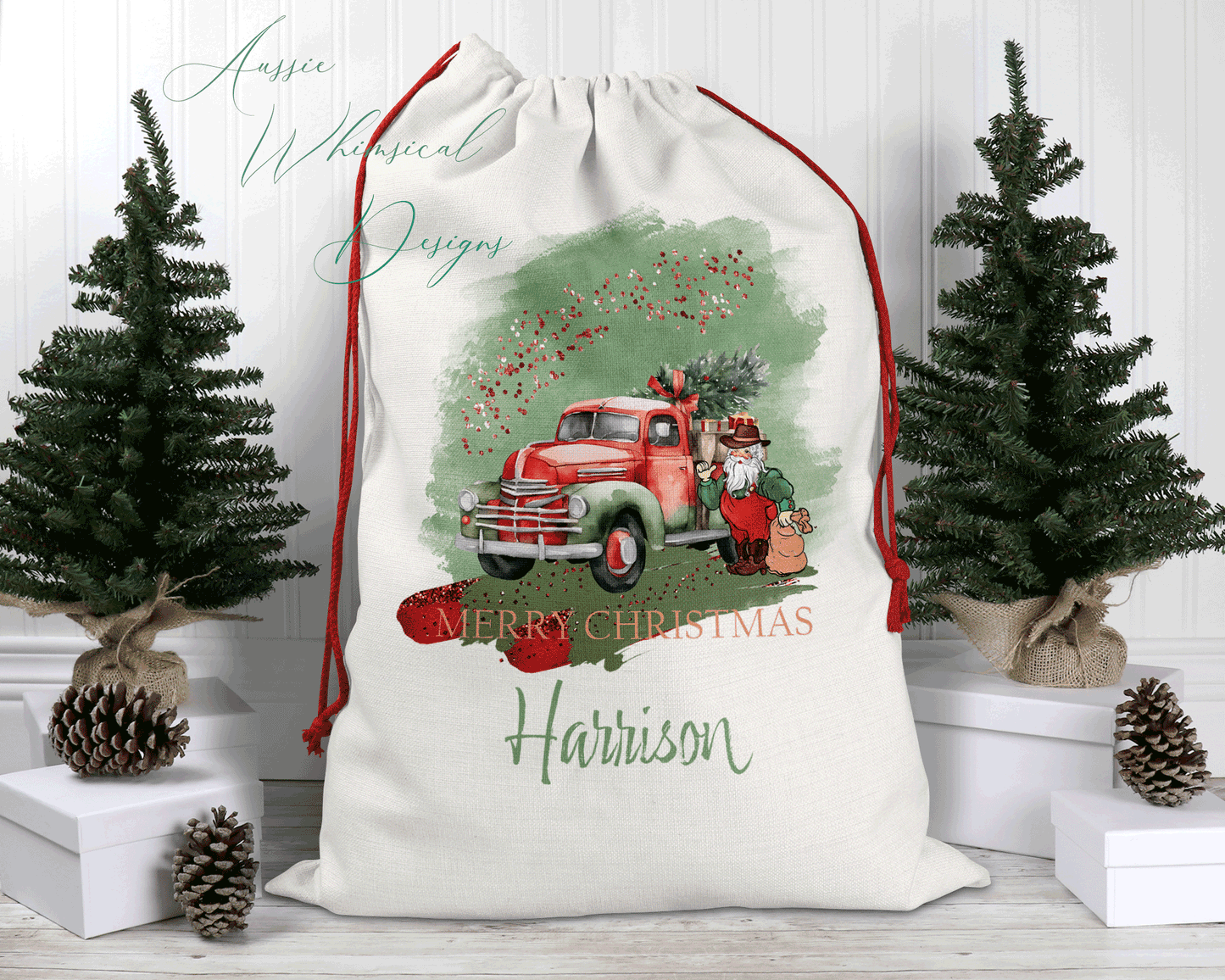 Personalised Santa Sack, Linen Bag, Sage Christmas