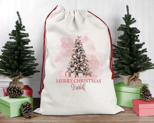 Personalised Santa Sack, Pink Christmas, Tree, Linen Bag