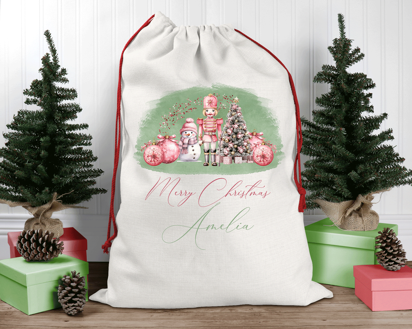 Personalised Santa Sack, Sage Christmas, Nutcracker, Linen Bag