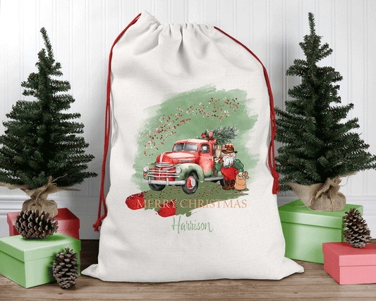 Personalised Santa Sack, Sage Christmas, Country Santa Truck, Linen Bag