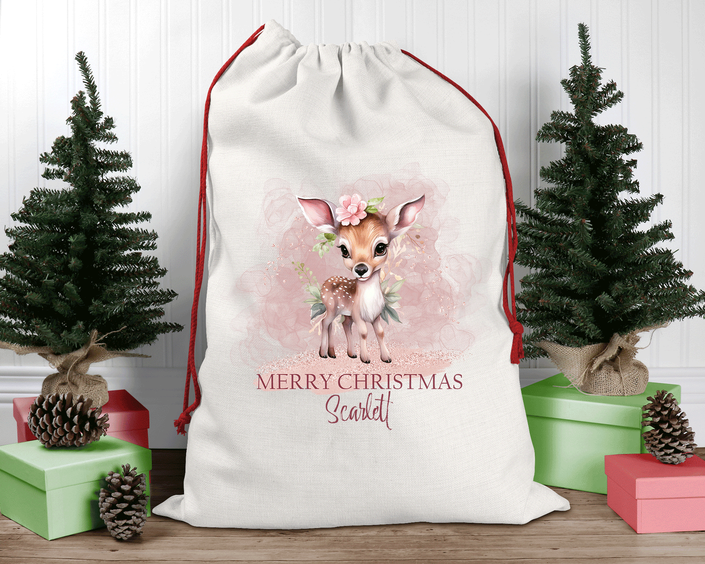 Personalised Santa Sack, Pink Christmas, Deer, Linen Bag