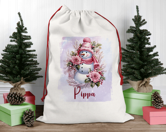 Snowman, Christmas Tree, Purple Christmas Personalised Santa Sack, Linen Bag