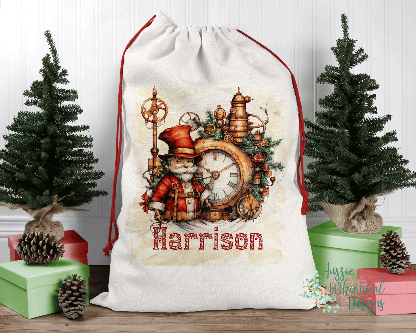 Steampunk Personalised Santa Sack, Linen Bag