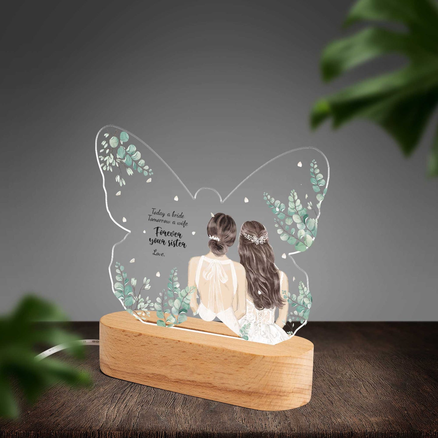 Personalised Sisters Wedding Day Custom Shape Photo Night Light (Beech wood base)